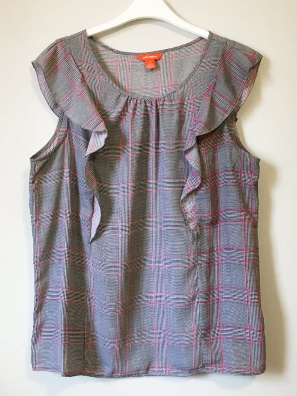 Academia Pink & Black Houndstooth Ruffle Sleeveless Blouse Large Plaid Top